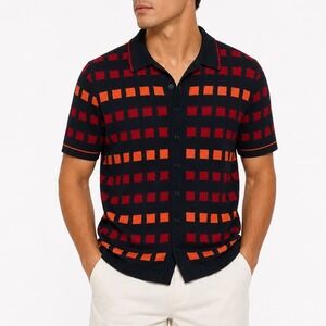 Stacy Adams Mens Knit Polo Shirt Medium Navy Orange Red Geometric Checkered S/S